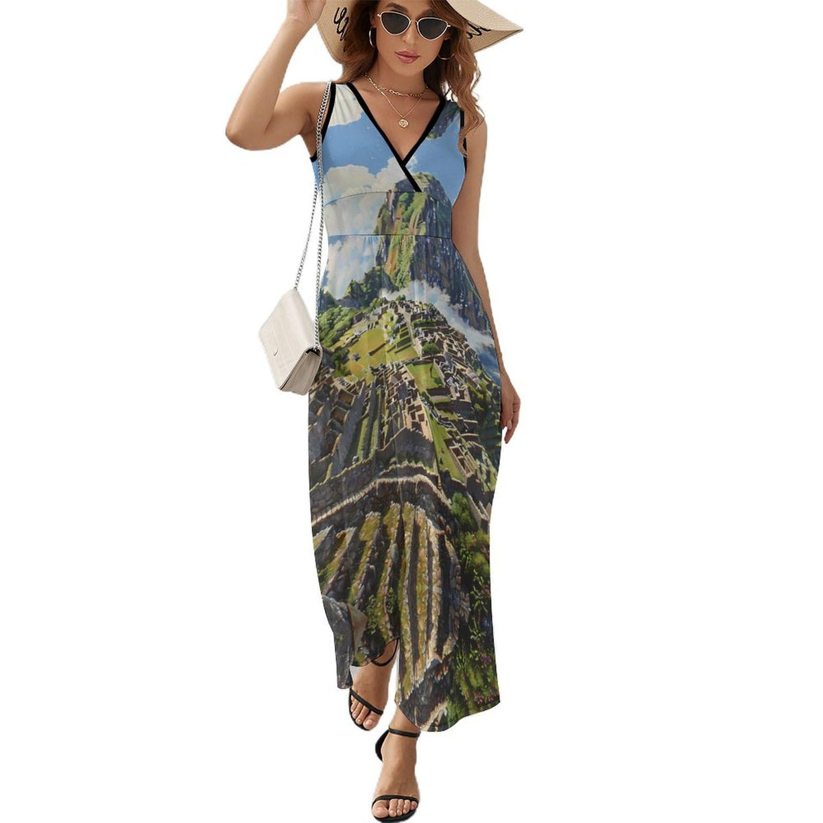 Robe longue sans manches imprimée paysage du Machu Picchu pour femme, col en V, style débardeur