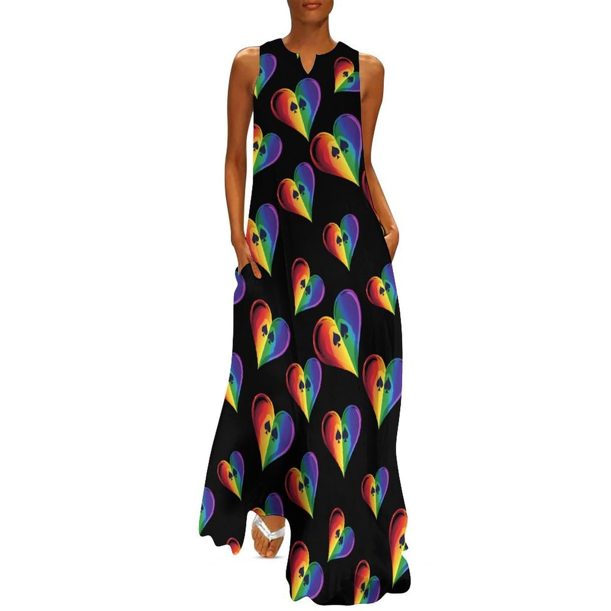 Robe longue maxi maxi sans manches pour femme, col en V, coupe ample, avec poches, motif as de poker Spades arc-en-ciel