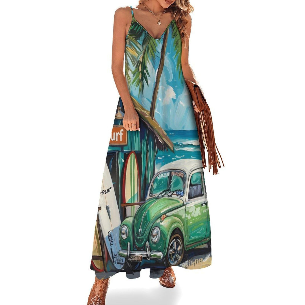 Robe d'été décontractée pour femme, style plage, surf, voiture, palmier, sans manches, bretelles spaghetti, longue maxi